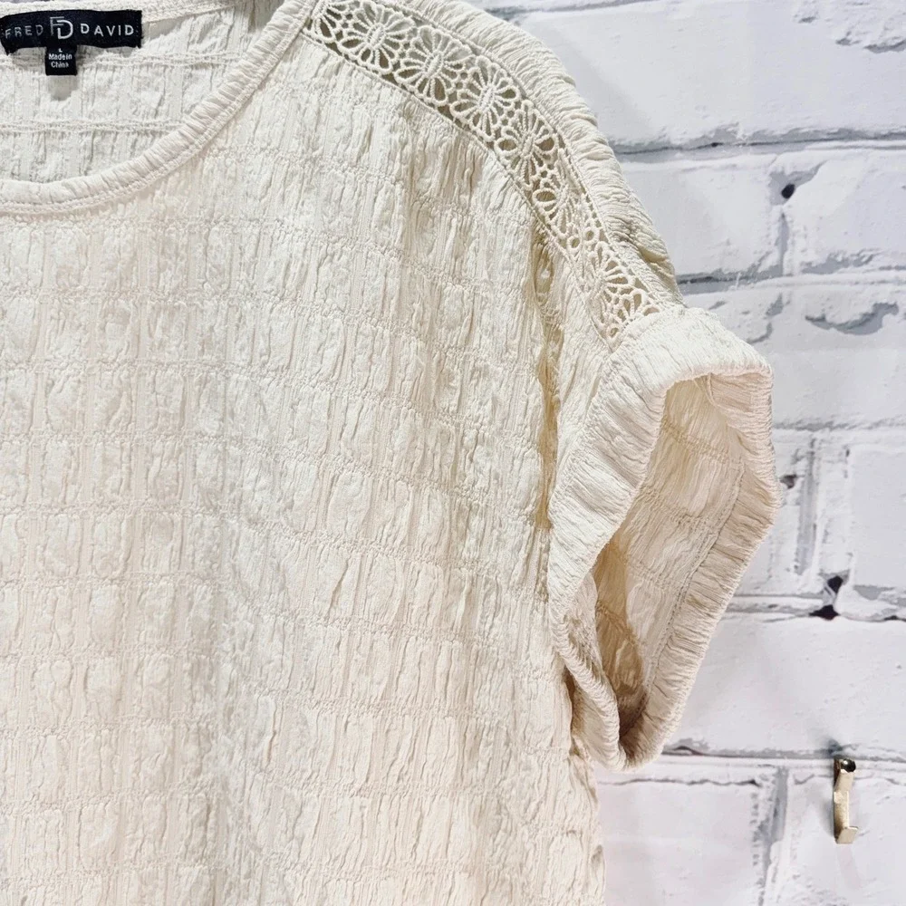 Fred David Textured Knit Top Women L Cream Boho Crochet Lace Short Sleeve Summer